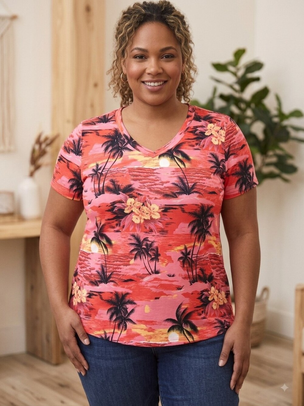 Bright Pink Tropical V-Neck Boho Short Sleeve Tee.   WS 165